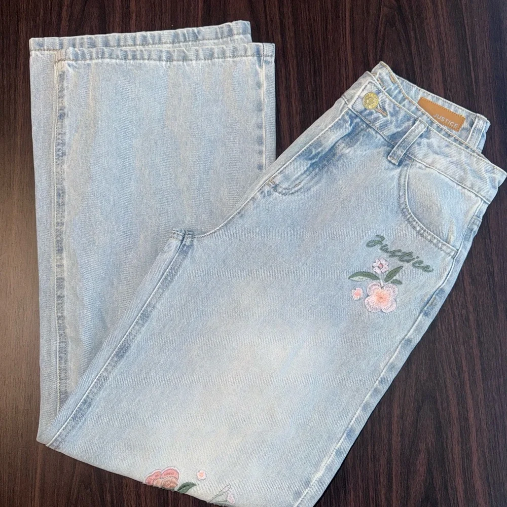 Justice Light Wash Straight-Leg Jeans with Pink Floral Embroidery
